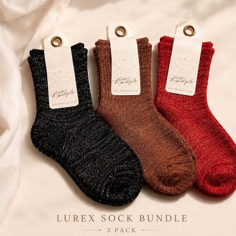Free People Lurex Metallic Crew Socks 3 Pair Set NWT Desert Disco Black Red OS
